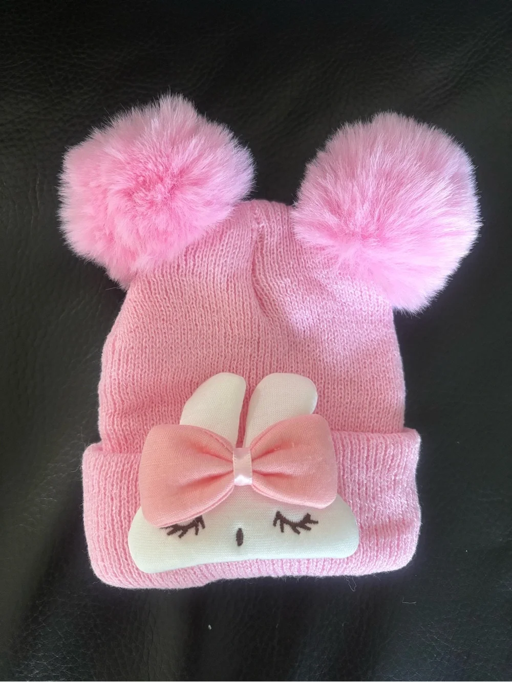 Pink Pom-Pom Bunny Knit Beanie Size 0-6 months